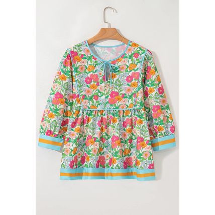 Green Floral Print Striped Trim Tie Neck Puff Sleeve Babydoll Blouse