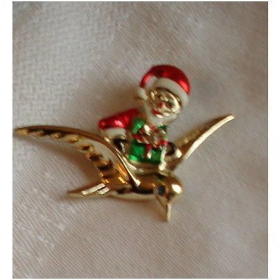 Beatrix Signed SANTA XMAS vtg 60s Enamel Crystal Gold Metal Pin Brooch VTG