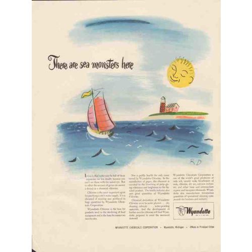 wyandotte chemical corp 1947 rd there are sea monsters here vintage ad