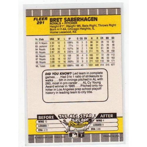 1989 Fleer Bret Saberhagen baseball card #291 – Royals