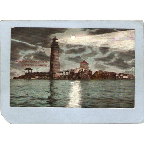 MA Boston Harbor Lighthouse Postcard The Graves Light At Night lighthouse_~454