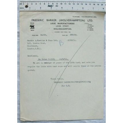 1952 letter Frederic Barker, lock manufacturer, Wolverhampton