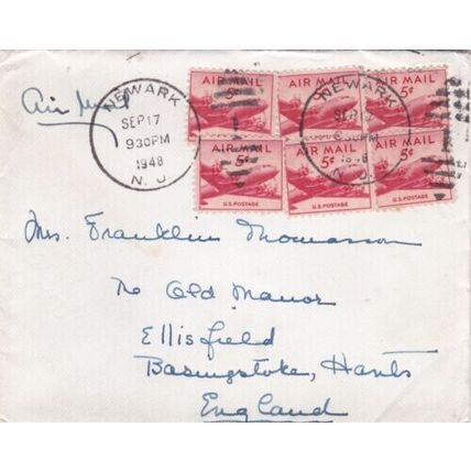 United States 1948 Newark NJ to England cover Newark cancel written VGC