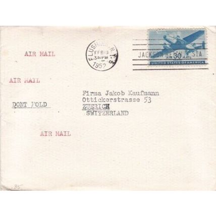 United States 1952 Air Mail Flushing NY- Zurich cover Flushing cancel typed VGC