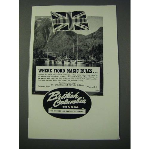 1948 British Columbia Canada Tourism Ad - Where Fiord Magic Rules