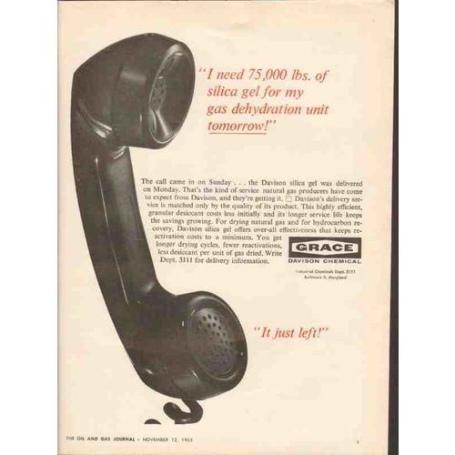 W R GRACE COMPANY 1962 Davison Chemical gas dehydration vintage ad