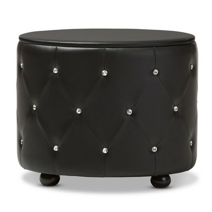 Oval Faux Leather Nightstand 2-Drawer Glamour White Black Crystal Tufted