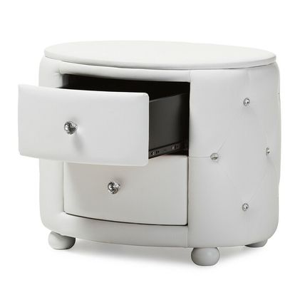 Oval Faux Leather Nightstand 2-Drawer Glamour White Black Crystal Tufted