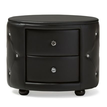 Oval Faux Leather Nightstand 2-Drawer Glamour White Black Crystal Tufted