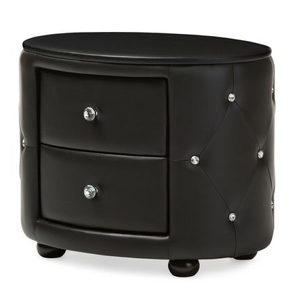 Oval Faux Leather Nightstand 2-Drawer Glamour White Black Crystal Tufted