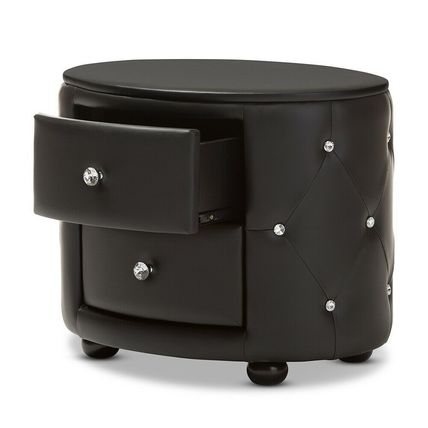 Oval Faux Leather Nightstand 2-Drawer Glamour White Black Crystal Tufted