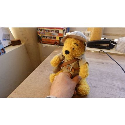 Winnie the pooh with hat and outdoor gear for hiking