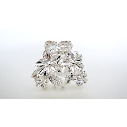 Small mini light silver metal flower and leaf hair claw clip