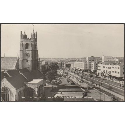 St Andrew's Church & Royal Parade, Plymouth, Devon, 1956 - Sellicks RP Postcard