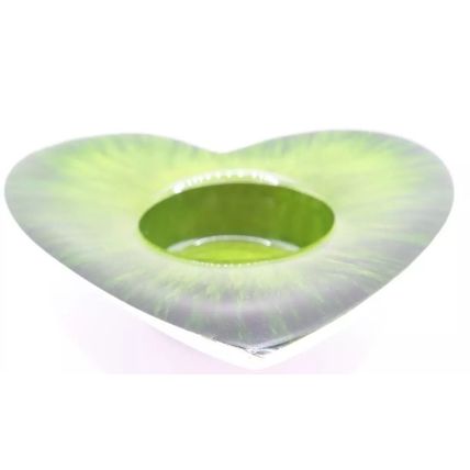 This practical and pretty green heart shaped enamel overlaid tin tealight/votive