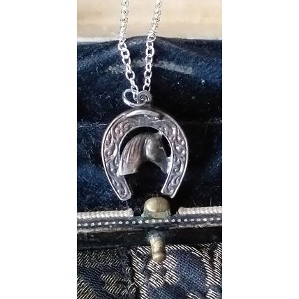 Antique Vintage Victorian 1860-s Silver Horseshoe 2 Sided Pendant on Modern Chai