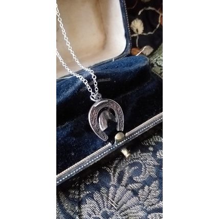 Antique Vintage Victorian 1860-s Silver Horseshoe 2 Sided Pendant on Modern Chai