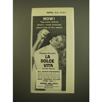 1961 La Dolce Vita Movie Ad - Now! The most talked about most shocked about film