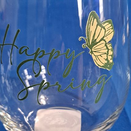 Royal Norfolk BLUE HYDRANGEA Stemless Wine Glasses "Happy Spring" Butterfly