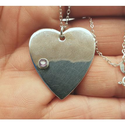 Vintage 925 Solid Sterling Silver and Amethyst Large Heart Pendant Necklace
