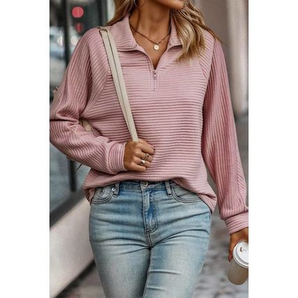 Peach Blossom Ribbed Texture Quarter Zip Sweatshirt