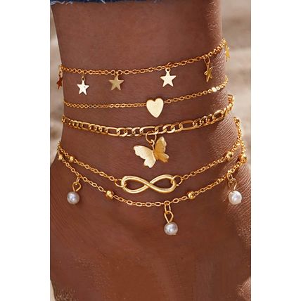 Gold Pearl Butterfly Multi-layer Pendant Anklet