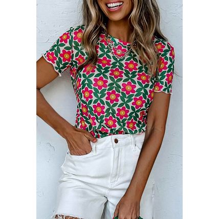 Fiery Red Retro Floral Print Crew Neck T Shirt