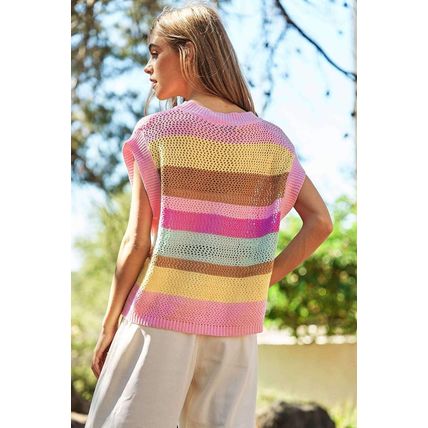 Pink Stripe Crochet Cap Sleeve Loose Fit Sweater T Shirt