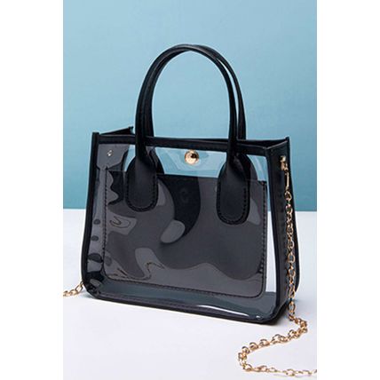 Black PVC PU Leather Patchwork Chain Strap Shoulder Bag