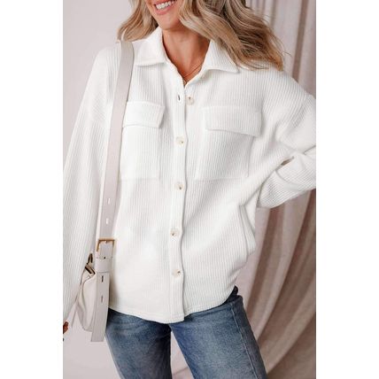 White Solid Color Corduroy Buttoned Long Sleeve Shacket