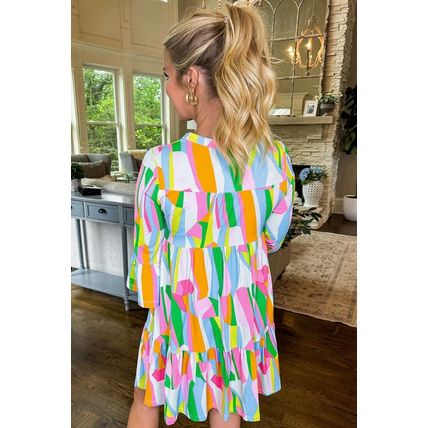 Green Abstract Print Ruffled Sleeve V Neck Dress