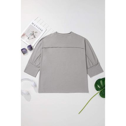 Medium Grey Floral Star Patched Pattern 3/4 Sleeve Plus Size Top