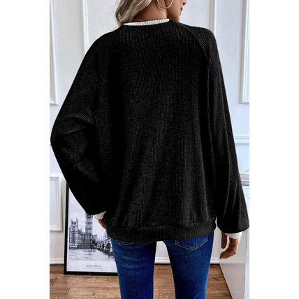 Black Color Contrast Ribbed Loose Fit Long Sleeve Top