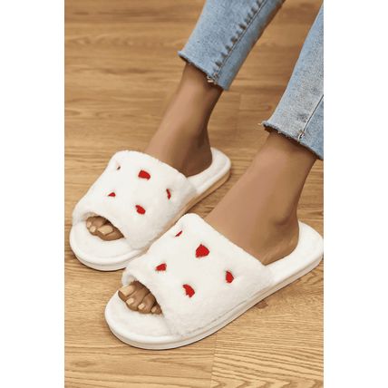 White Valentines Heart Embroidered Fuzzy Winter House Slippers