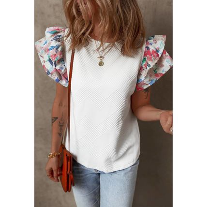 White Abstract Print Tiered Ruffled Sleeve Textured Knit Top