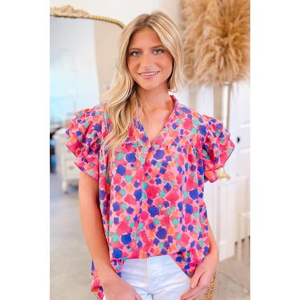 Rose Red Abstract Print Ruffled Sleeve V Neck Blouse