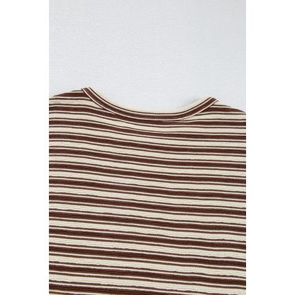 Brown Stripe Textured Side Slits Crew Neck T Shirt