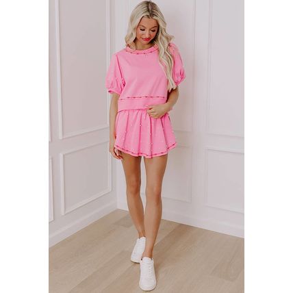 Pink Contrast Bow Trim Pearl Puff Sleeve Blouse and Skort 2pcs Set