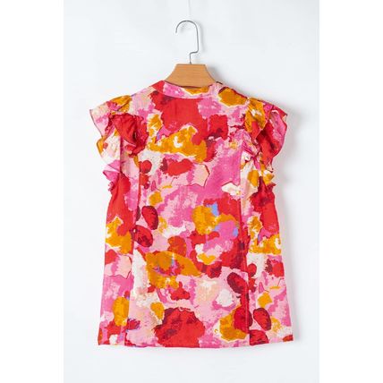 Red Abstract Print Split V Neck Ruffle Short Sleeve Blouse