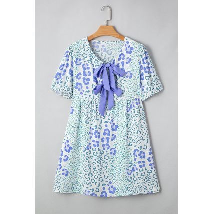 Sky Blue Leopard Contrast Bow Puff Sleeve Mini Dress