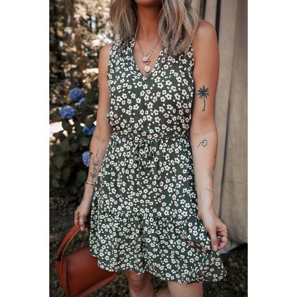 Green Boho Floral Print V Neck Tunic Sleeveless Dress