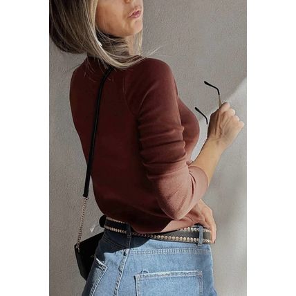 Burgundy Gathered Bust Square Neck Ribbed Fit Long Sleeve Top