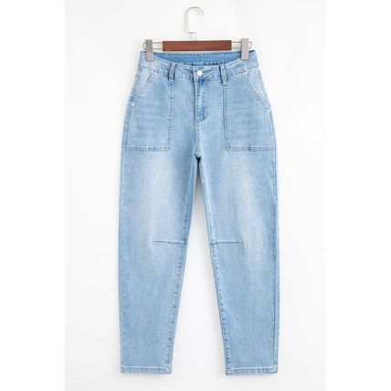 Beau Blue High Rise Barrel Relaxed Patch Pocket Jeans