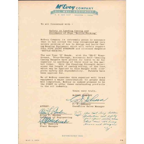 MCEVOY COMPANY 1954 landing casing pipe bottle-necking oil vintage ad