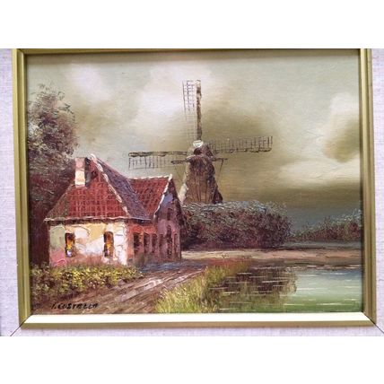 Stunning Vintage Original Framed Oil Painting By I. Costello Windmill & Cottage