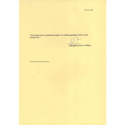 Nigel Lawson Conservative MP Hand Signed Quotation Autograph