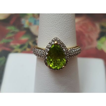 2.5ct Hebei Peridot Zircon Pear Halo Ring Size O 14k Gold Over 925 Solid Silver