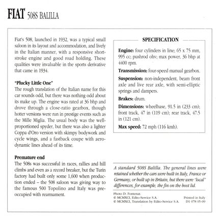Collectors Club card. Classic Cars. FIAT 508S Balilla
