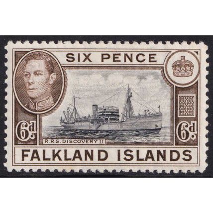 Falkland Islands KGVI 1938-50 6d Slate-Black Deep Brown Ship SG155 Mint MLH