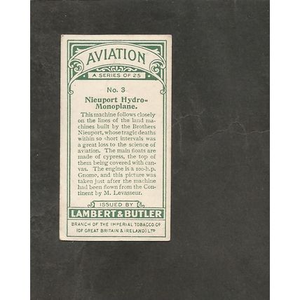 Cigarette Card 1915 Lambert & Butler Aviation # 3 Nieuport Hydro Monoplane